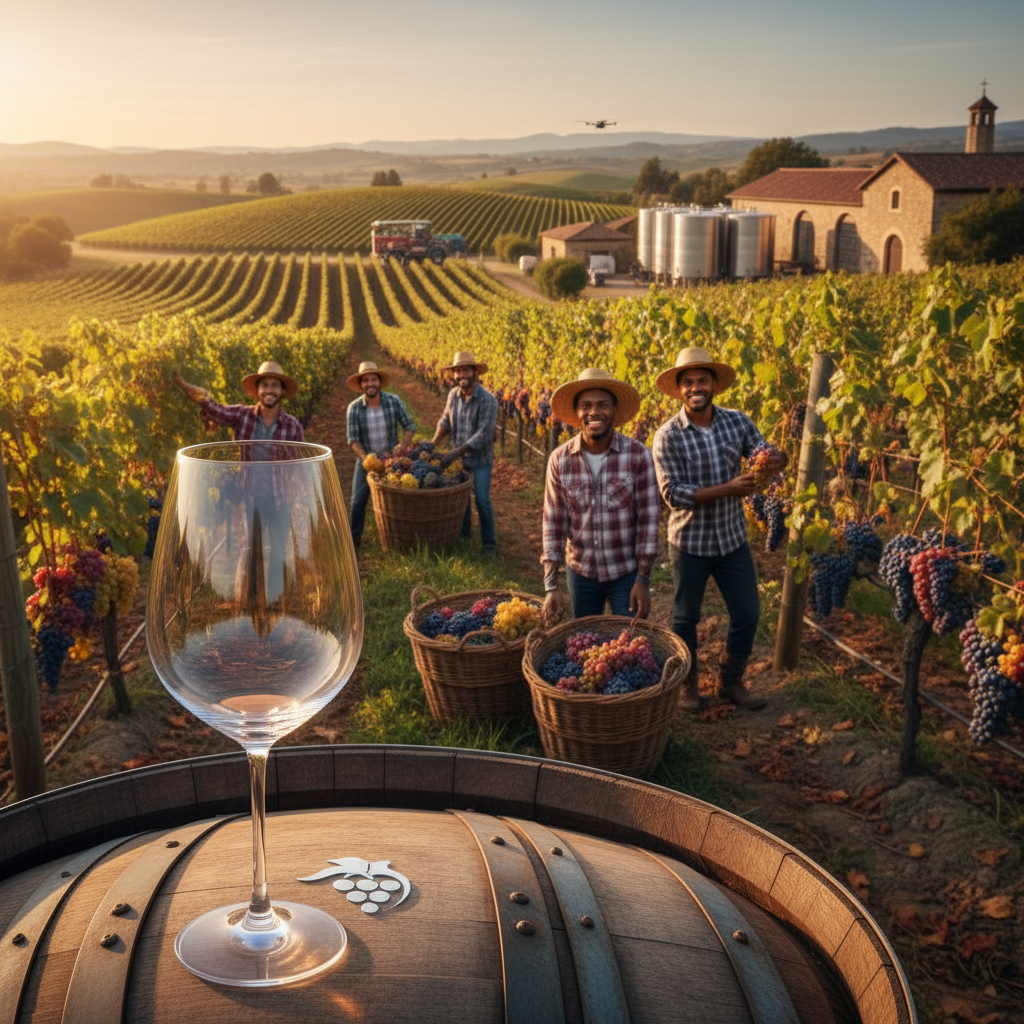 Vinhedo americano diverso com taça de vinho e barril de carvalho, simbolizando a inovação e variedade de uvas além da Cabernet.