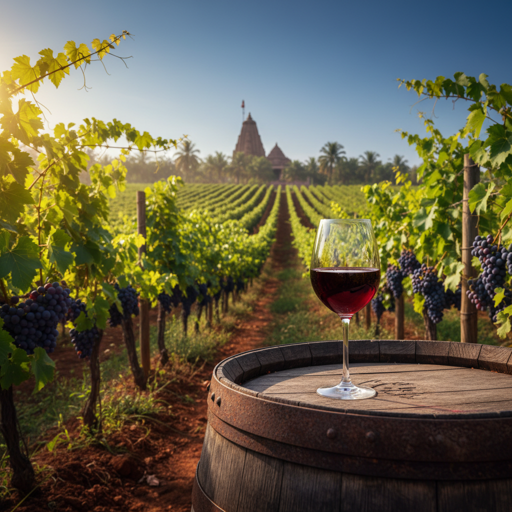 Vinhedo indiano exuberante sob o sol tropical, com uma taça de vinho tinto em primeiro plano, refletindo a adaptação das uvas ao clima da Índia.