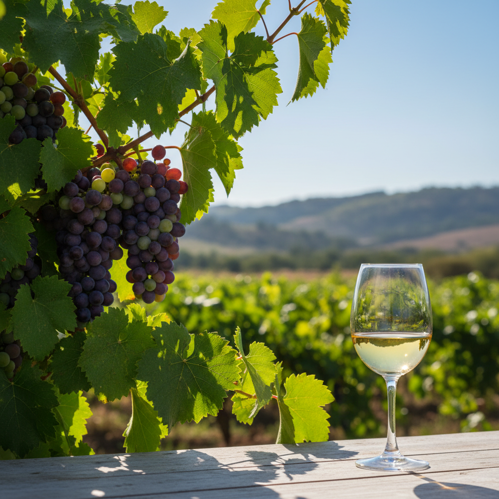 Vinhedo exuberante sob o sol africano na Zâmbia, com uma taça de vinho elegante em primeiro plano, simbolizando a viticultura local.