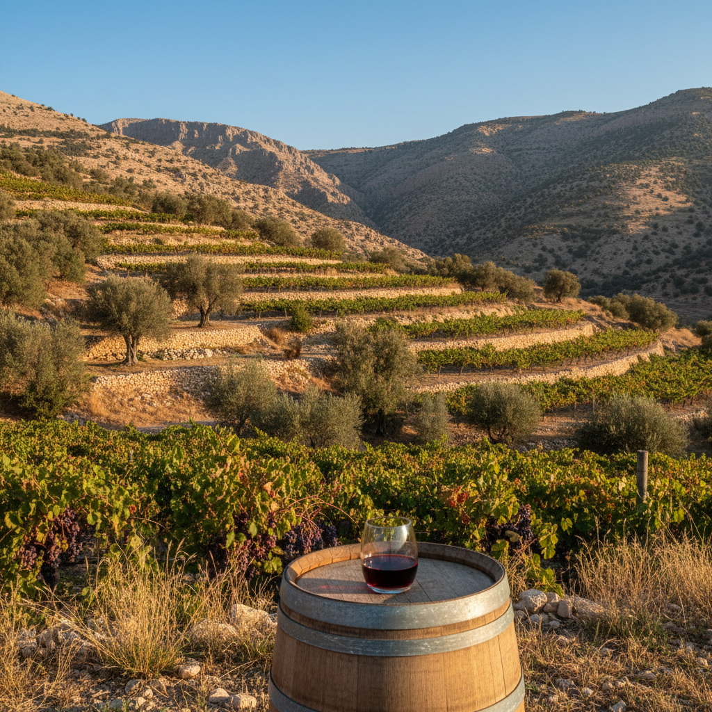 Vinhedo jordaniano ensolarado com terraços de pedra, barril de vinho de madeira e taça de vinho tinto, evocando a paisagem e a cultura vinícola da Jordânia.