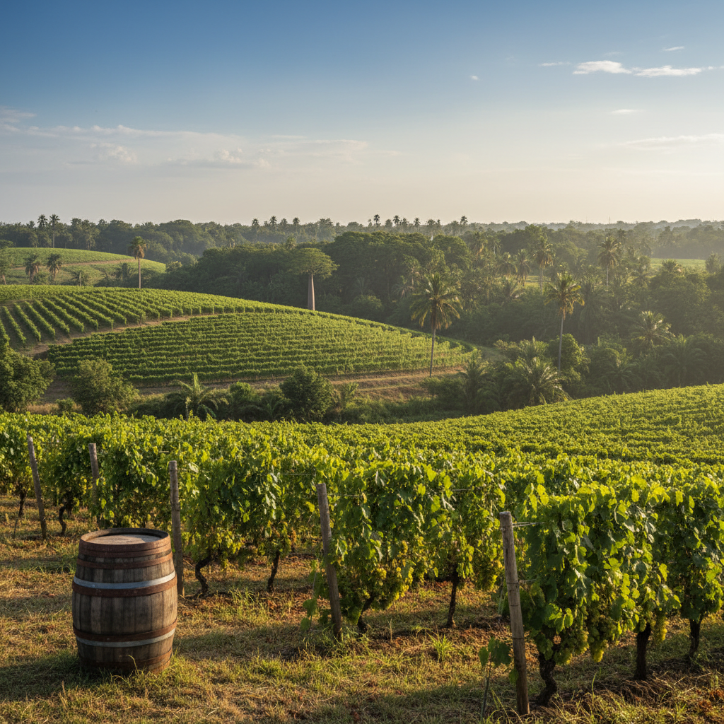Vinhedo exuberante em Madagascar sob o sol, com parreiras verdes e um barril de madeira rústico, destacando a viticultura local.