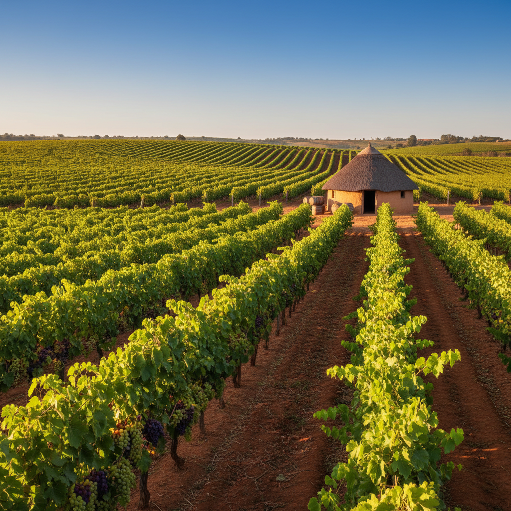 Vinhedo exuberante no Zimbábue com parreiras carregadas de uvas sob o sol africano, com detalhes de barril de vinho e paisagem local ao fundo.