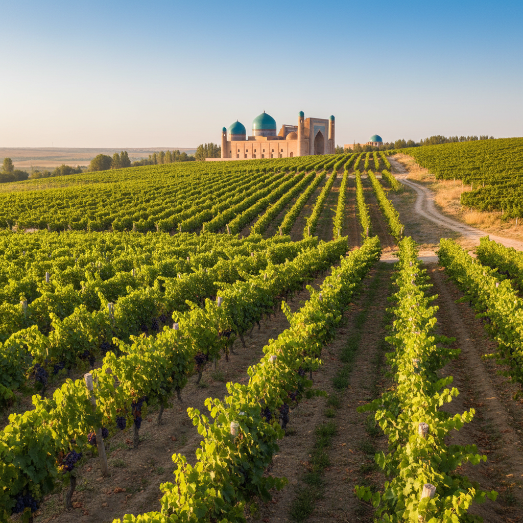 Vinhedo uzbeque sob o sol, com videiras exuberantes e arquitetura tradicional da Ásia Central ao fundo.