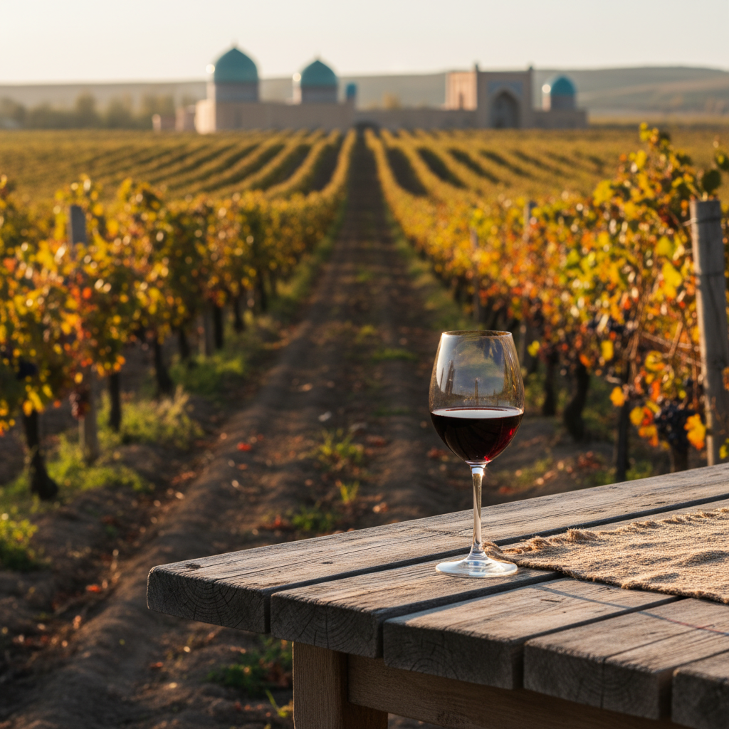 Vinhedo exuberante no Uzbequistão sob a luz dourada do pôr do sol, com um copo de vinho tinto elegante em primeiro plano sobre uma mesa de madeira rústica, refletindo a beleza e a tradição da viticultura na Ásia Central.