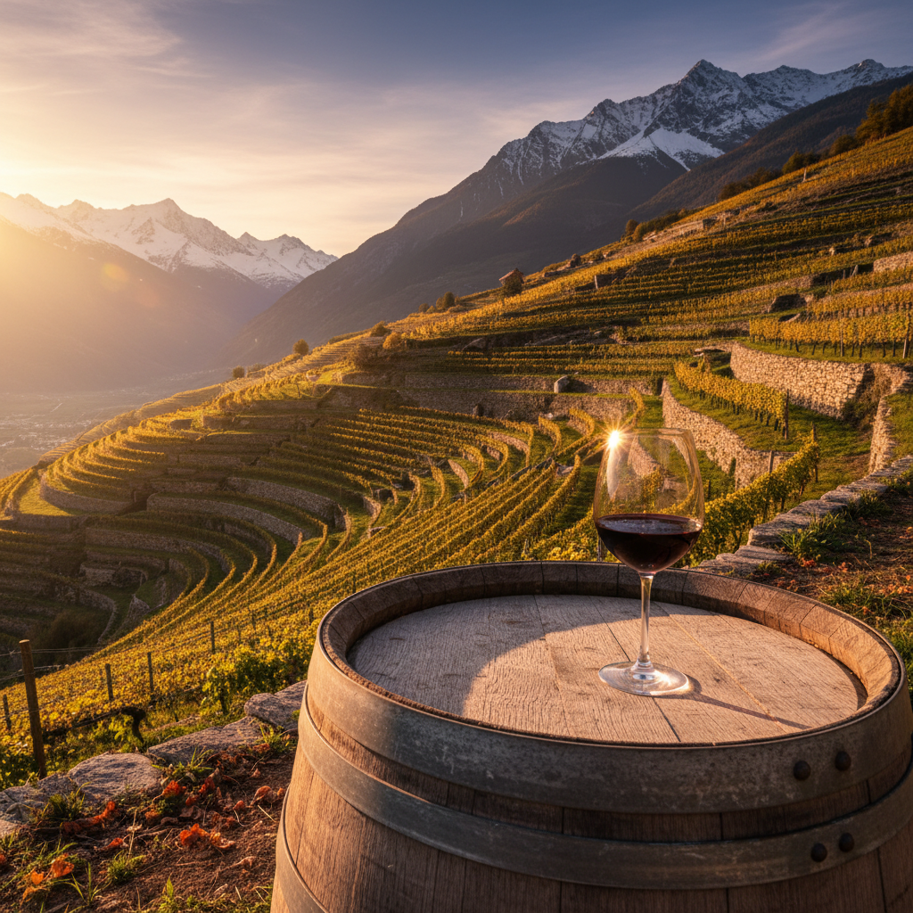 Vinhedos em socalcos ensolarados no Valais, Suíça, com montanhas alpinas ao fundo e um barril de madeira rústico com uma taça de vinho.