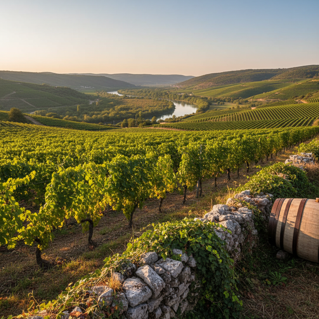 Vinhedos exuberantes no Vale do Cijevna, Montenegro, com o rio Cijevna serpenteando ao fundo sob a luz do sol.