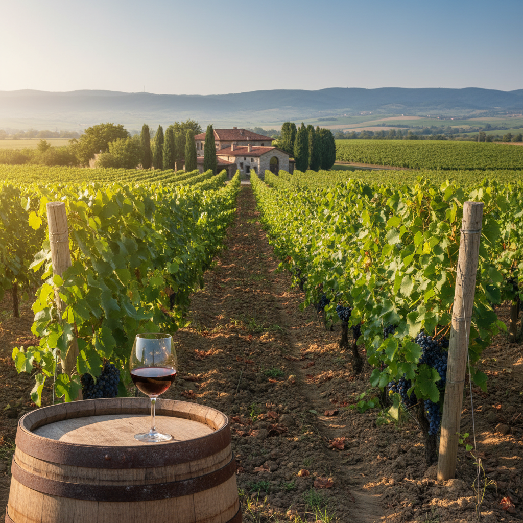 Vinhedo exuberante no Vale da Trácia, Bulgária, com um barril de carvalho e uma taça de vinho tinto, simbolizando a rica tradição vinícola da região.