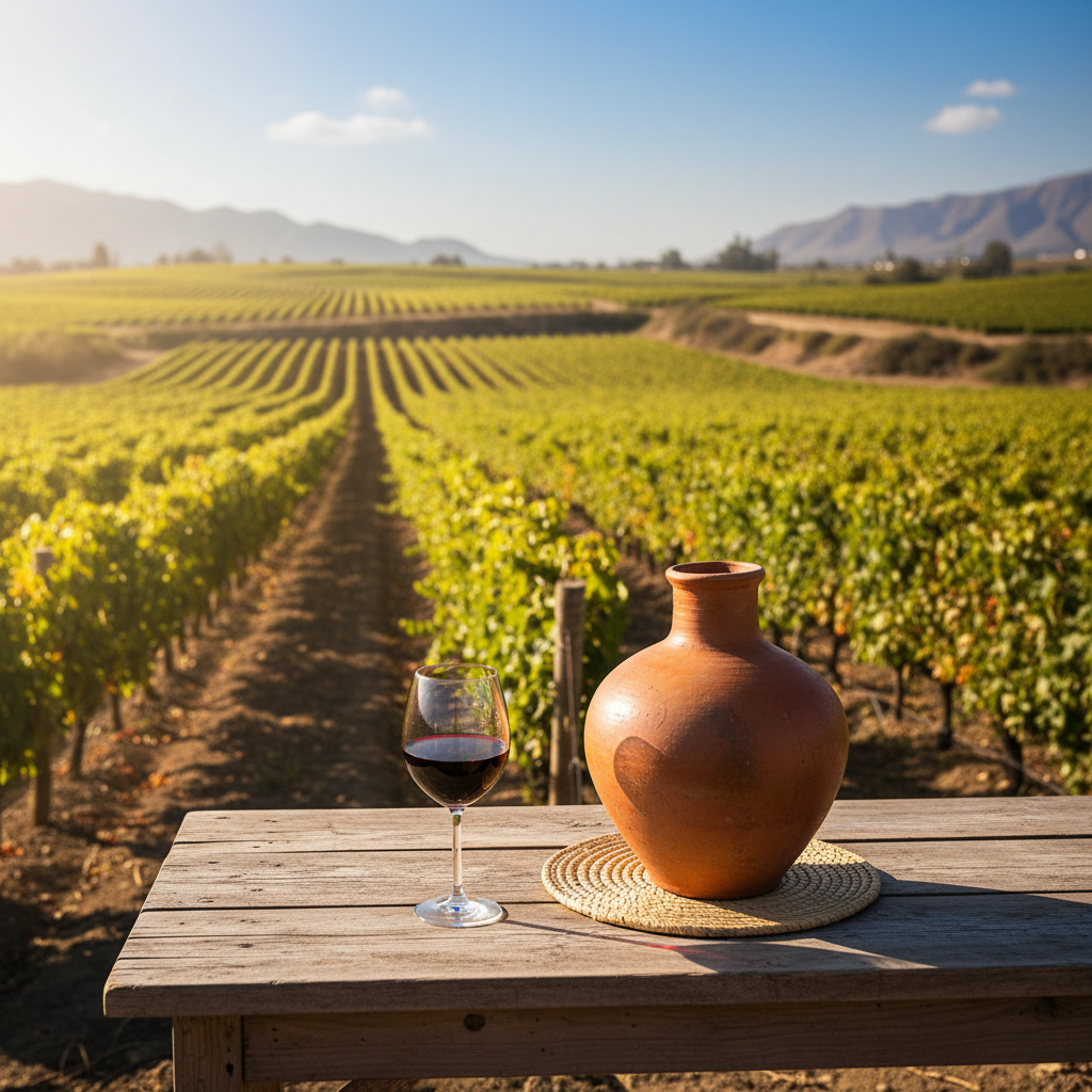 Vinhedos do Vale de Ica, Peru, sob o sol, com videiras exuberantes e uma taça de vinho tinto ao lado de uma tinaja, simbolizando a rica cultura vinícola da região.