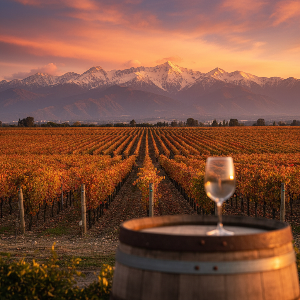 Vinhedos exuberantes do Vale do Maipo ao pôr do sol, com as imponentes montanhas dos Andes ao fundo e um barril de carvalho em primeiro plano.