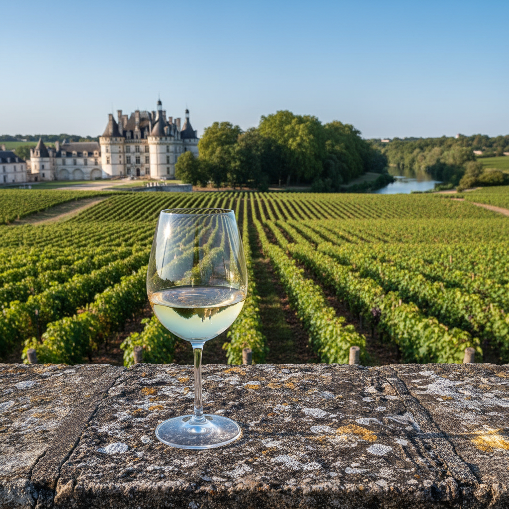 Taça de vinho branco em um cenário de vinhedo exuberante no Vale do Loire, com um castelo histórico ao fundo sob um céu azul.