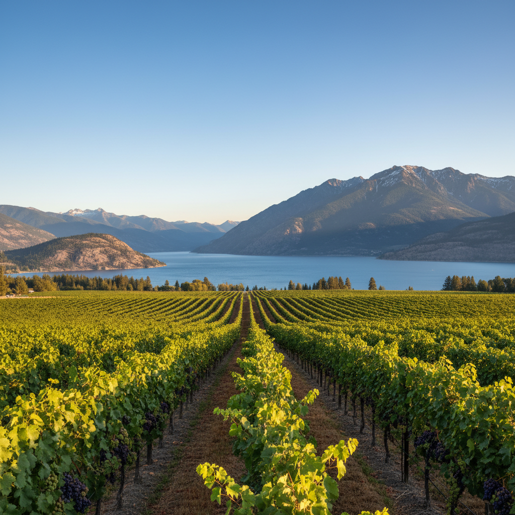 Vinhedos exuberantes no Vale do Okanagan, Colúmbia Britânica, com o lago Okanagan e montanhas ao fundo, sob um céu azul vibrante.