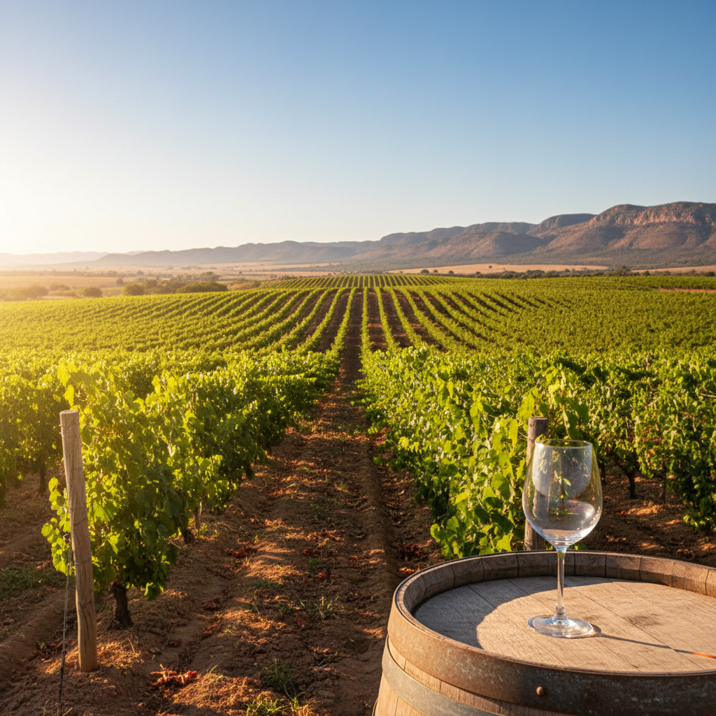 Vinhedo verdejante no Vale do São Francisco, com taça de vinho em barril, destacando o milagre da vitivinicultura no semiárido brasileiro.