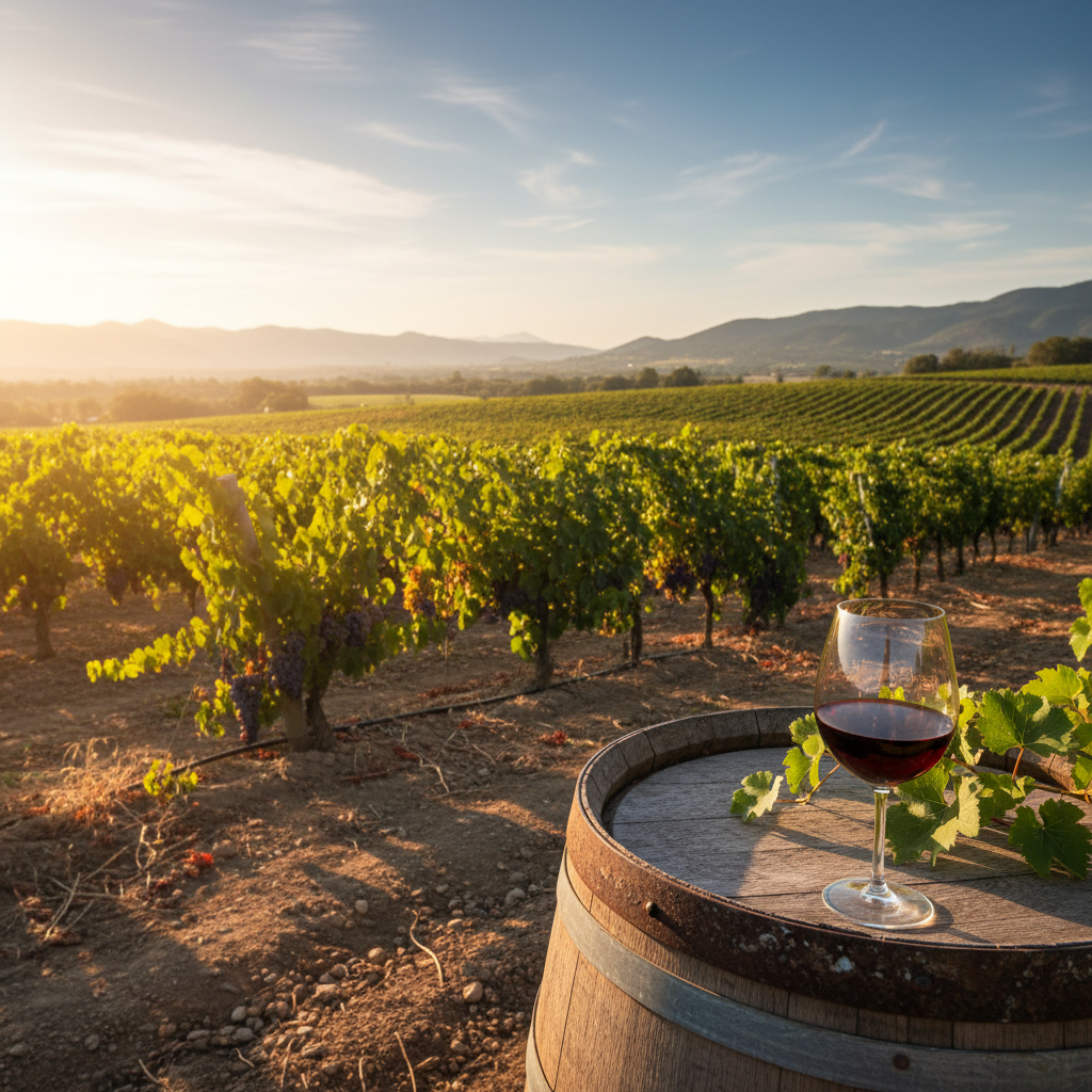 Vinhedo exuberante no Valle de Guadalupe ao pôr do sol, com fileiras de videiras verdes e um barril de vinho ou taça em primeiro plano, refletindo a beleza da paisagem vinícola mexicana.