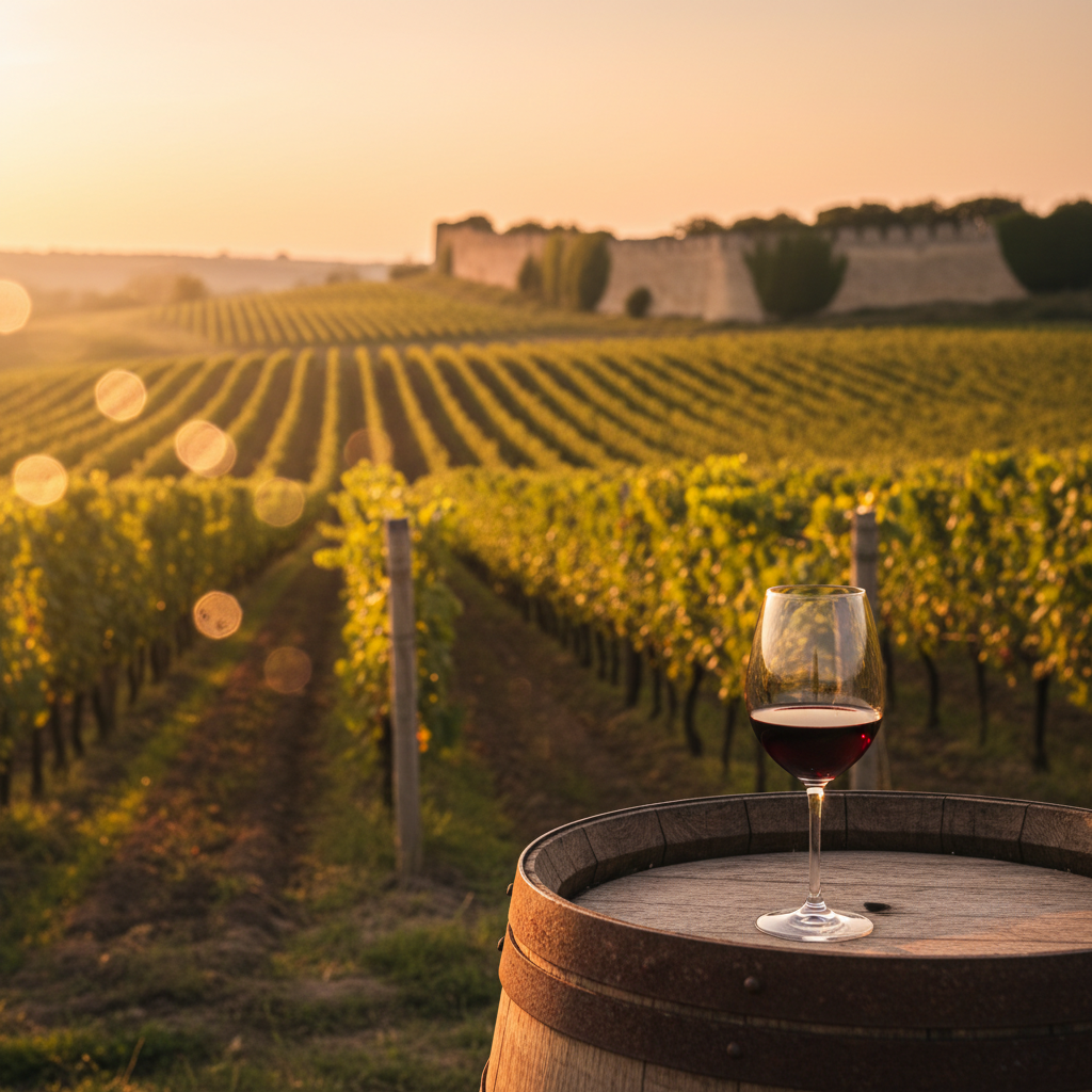 Vinhedo exuberante ao pôr do sol na região de Valul lui Traian, Moldávia, com um copo de vinho tinto sobre um barril de madeira em primeiro plano.