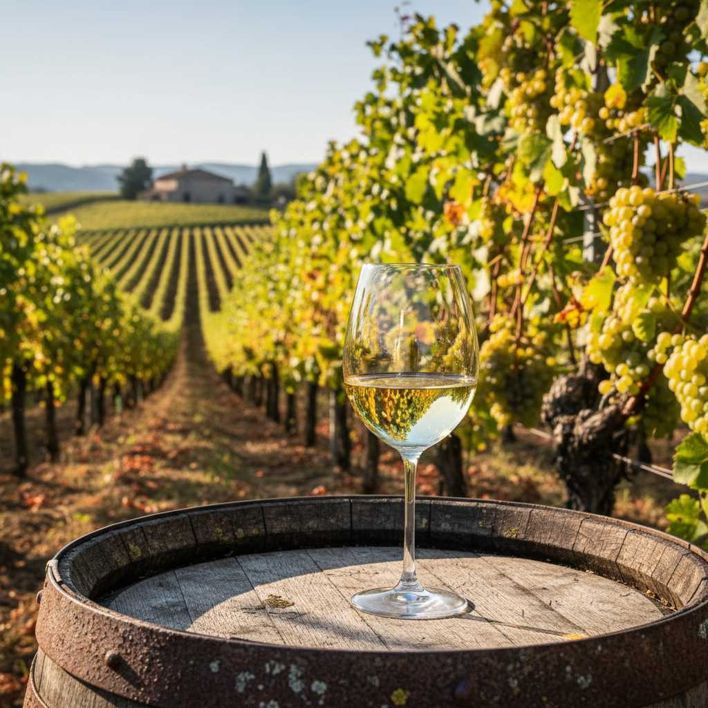 Taça elegante de vinho branco com nuances douradas, posicionada em um barril de carvalho rústico, com um vinhedo exuberante de uvas brancas iluminado pelo sol ao fundo.