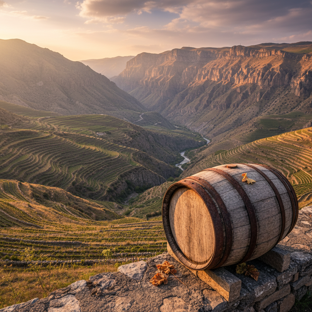 Vinhedos antigos em terraços nas montanhas de Vayots Dzor, Armênia, com um barril de vinho rústico em primeiro plano, sob a luz do fim de tarde.