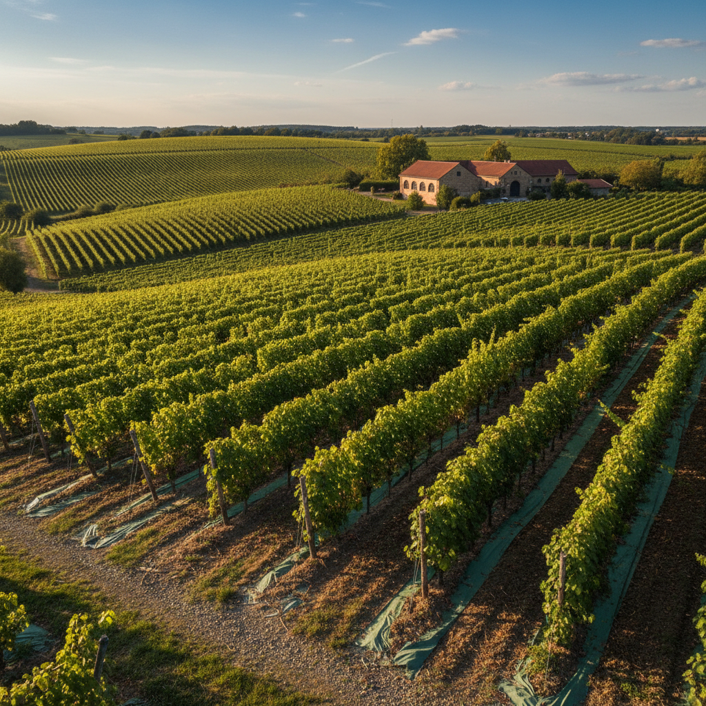 Vinhedos ensolarados na Alemanha com uma vinícola tradicional ao fundo, simbolizando a qualidade e a tradição dos vinhos alemães.