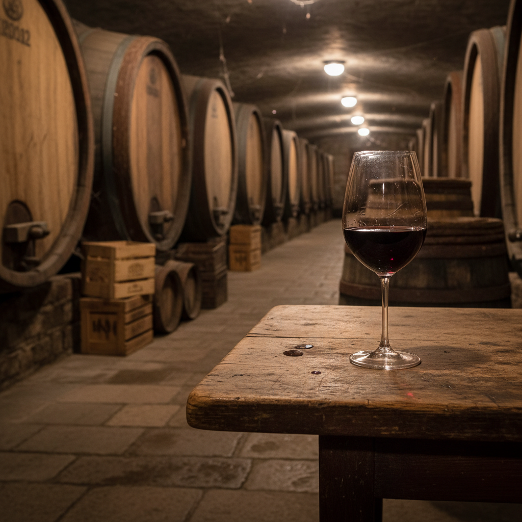 Barricas de carvalho em adega tradicional do Vêneto com uma taça de vinho tinto, simbolizando a riqueza dos vinhos da região.