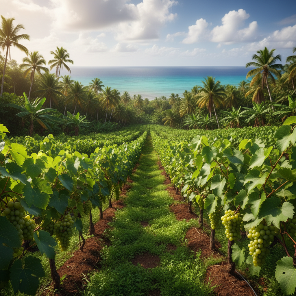 Vinhedo tropical na Venezuela, com parreiras verdes carregadas de uvas sob um céu azul, simbolizando a vitivinicultura emergente na região.