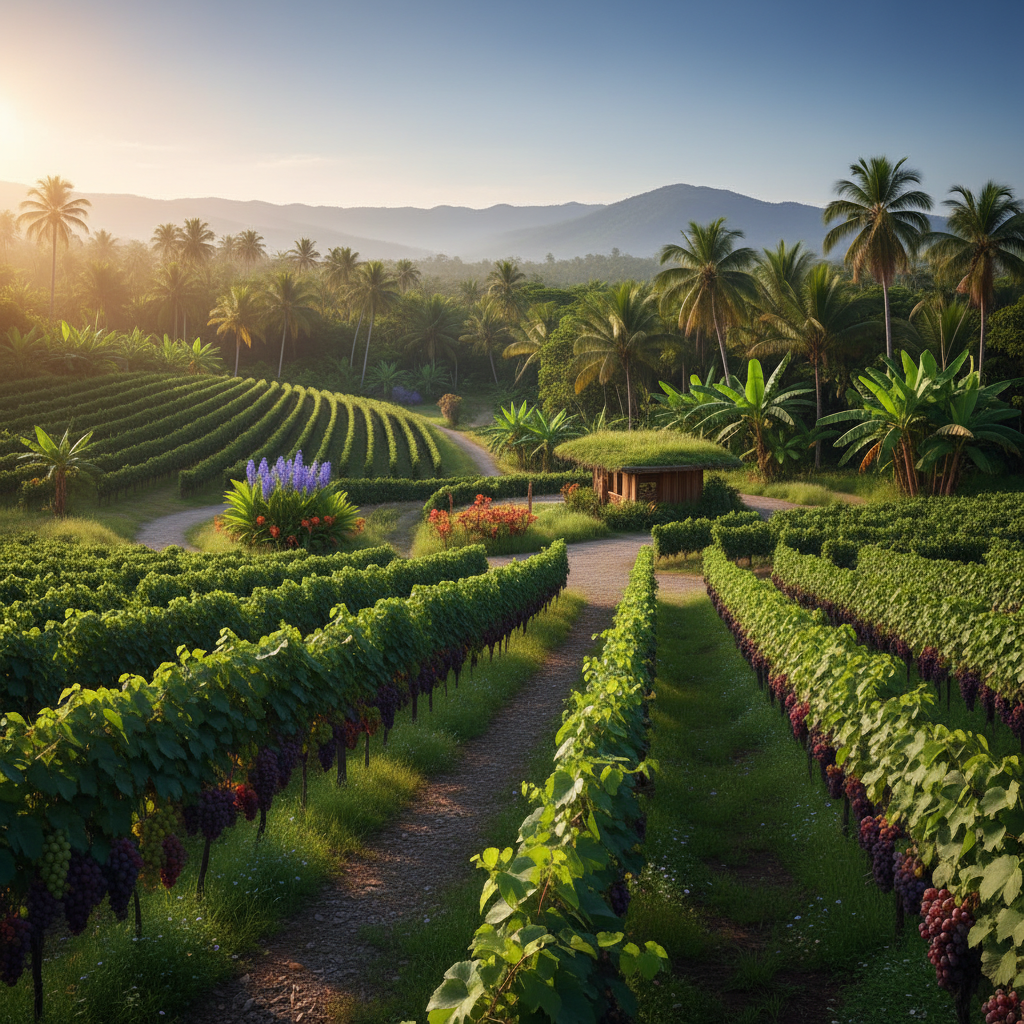 Vinhedo sustentável em paisagem tropical vibrante na Venezuela, com parreiras verdes e folhagem exuberante sob o sol.