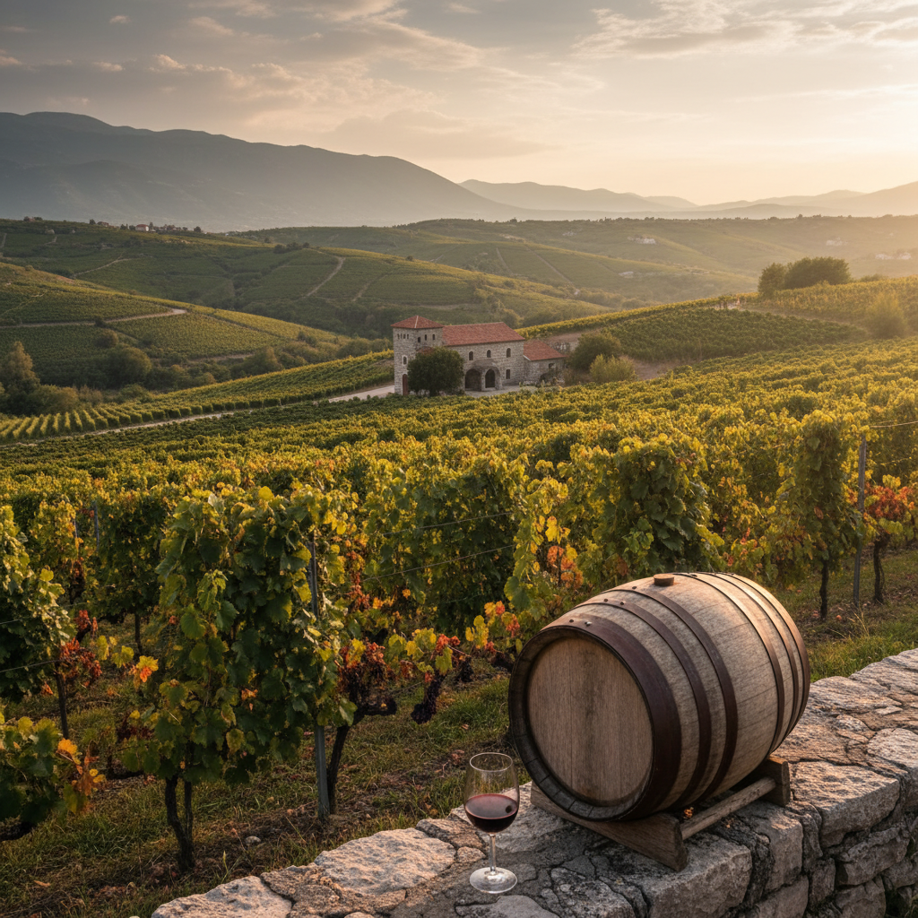 Vinhedo montenegrino ao pôr do sol com barril de vinho e taça, simbolizando o enoturismo na região.