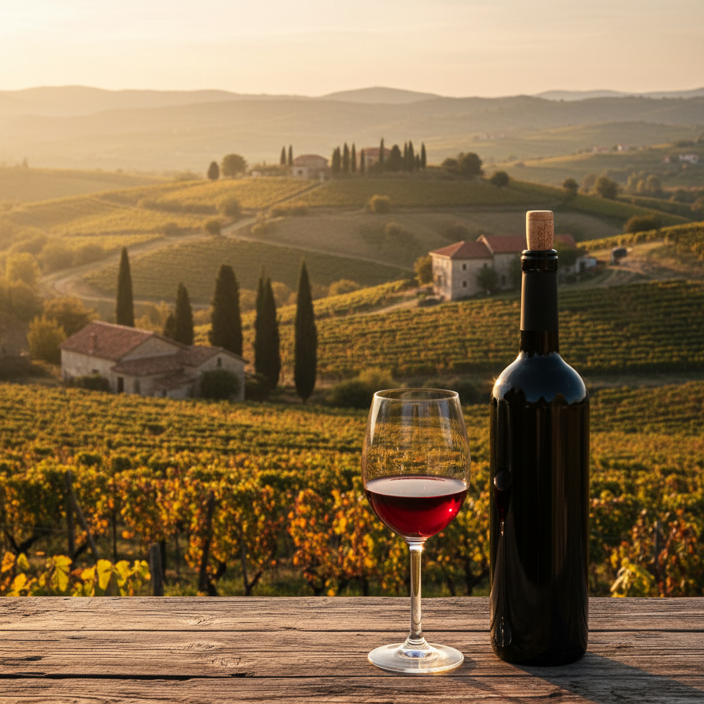 Vinhedo pitoresco na Herzegovina ao pôr do sol, com uma taça de vinho e uma garrafa sobre uma mesa rústica, refletindo a tradição vinícola local.