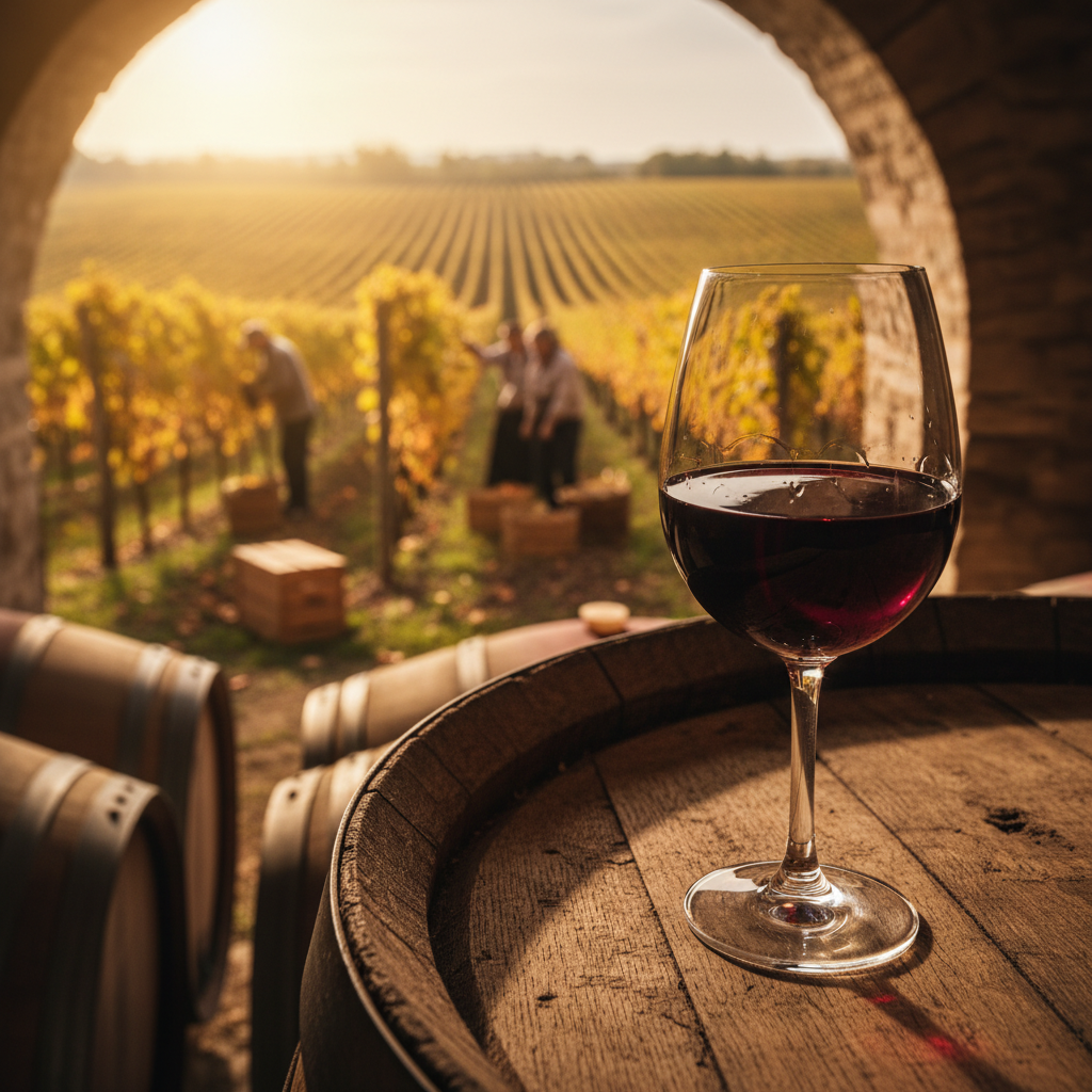 Vinhedos de Villány ao pôr do sol com uma taça de vinho tinto em um barril de carvalho em uma adega tradicional.