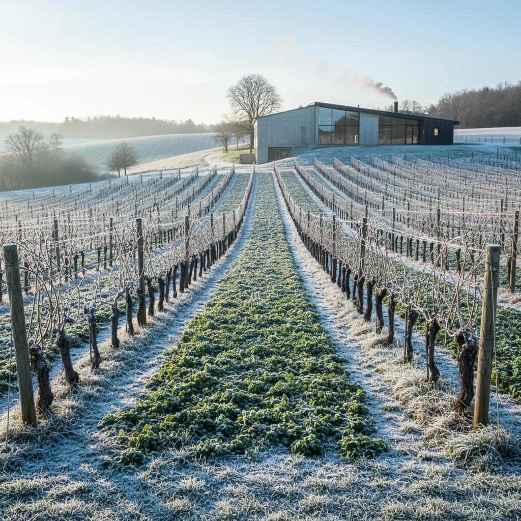 Vinhedo dinamarquês coberto por neve leve no inverno, com vinhas dormentes e um céu claro, simbolizando a viticultura sustentável em clima frio.