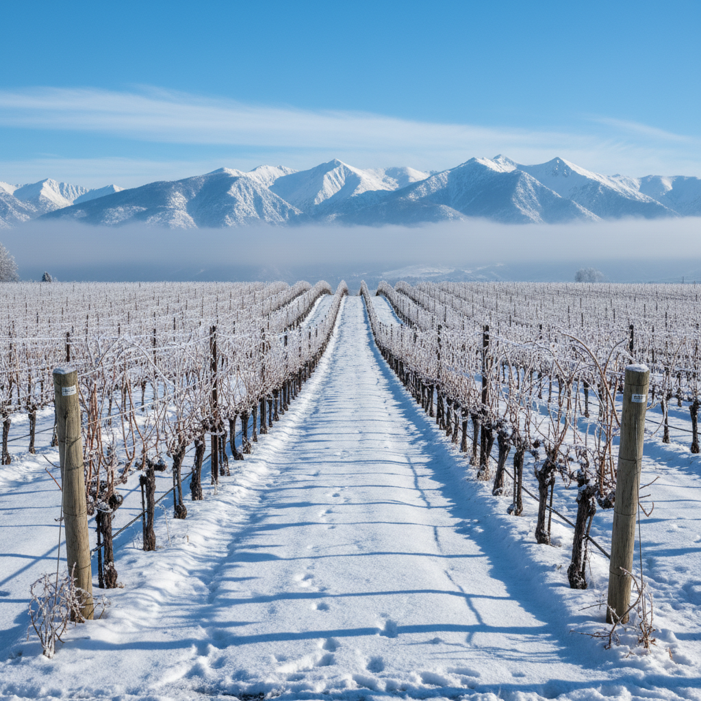Vinhedo norueguês desafiando o clima, com videiras cobertas de neve e montanhas geladas ao fundo, representando a viticultura pioneira em regiões frias.