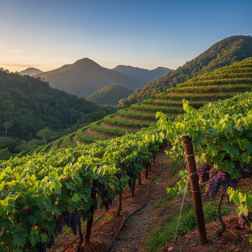 Vinhedos inovadores em uma paisagem tropical e montanhosa do Panamá, simbolizando o futuro da viticultura em climas desafiadores.