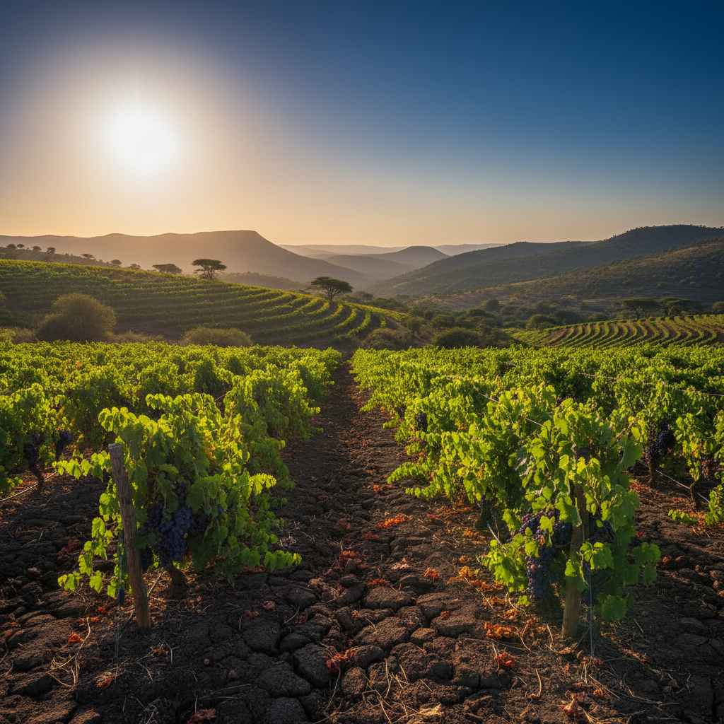 Vinhedo exuberante em altitude na África Oriental, sob o sol equatorial, com solo vulcânico e vegetação local ao fundo.