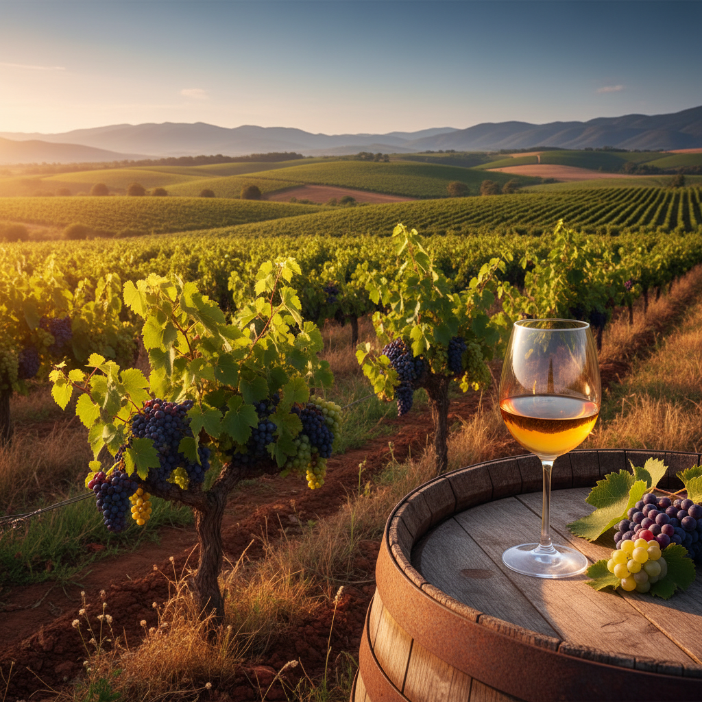 Vinhedo exuberante na África, com fileiras de videiras sob o sol, um copo de vinho e um barril de madeira, representando a diversidade e o potencial dos vinhos africanos.