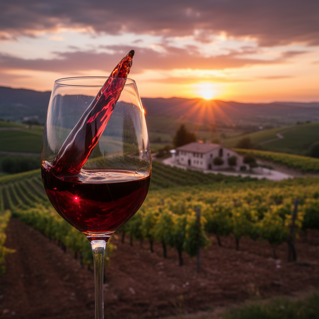 Taça de vinho tinto em primeiro plano com vinhedos albaneses iluminados pelo pôr do sol ao fundo.