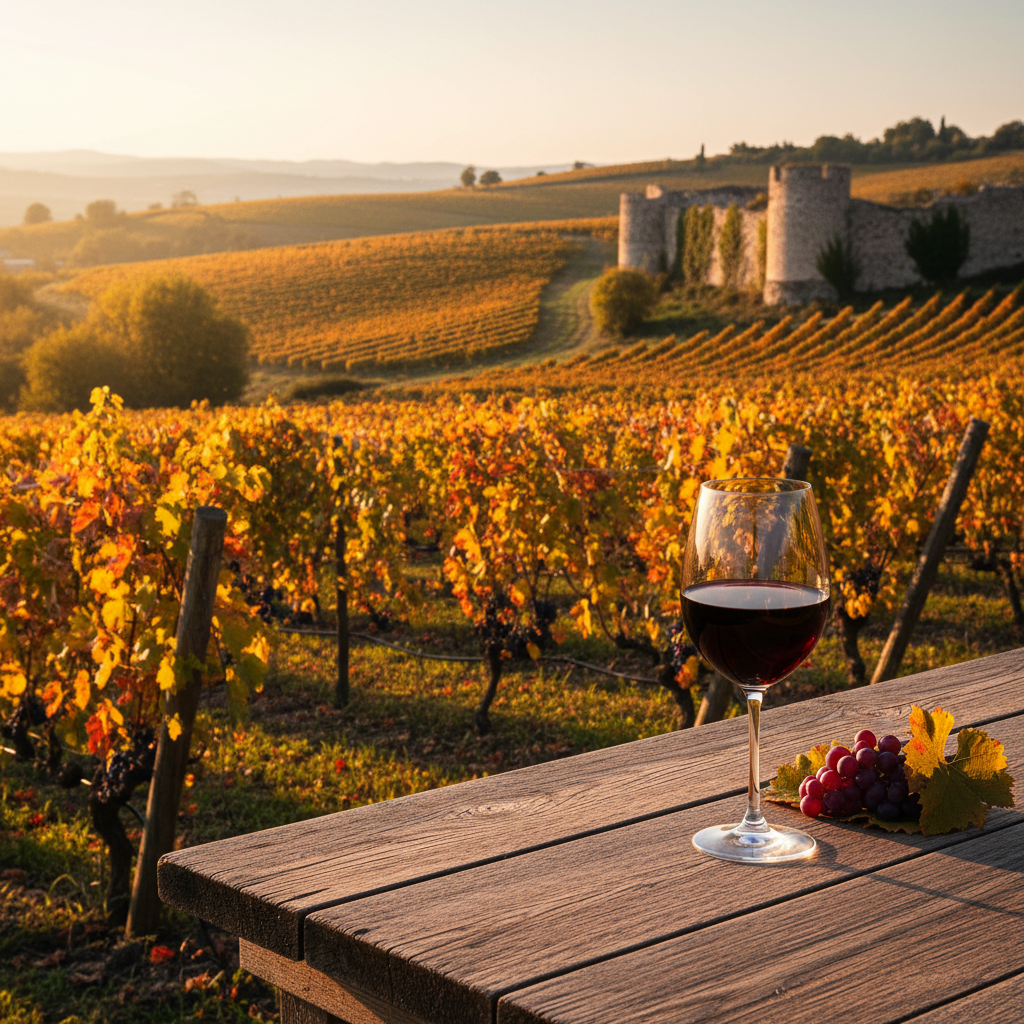 Vinhedo albanês ao pôr do sol com taça de vinho tinto, destacando a paisagem histórica e a promessa de vinhos de qualidade.