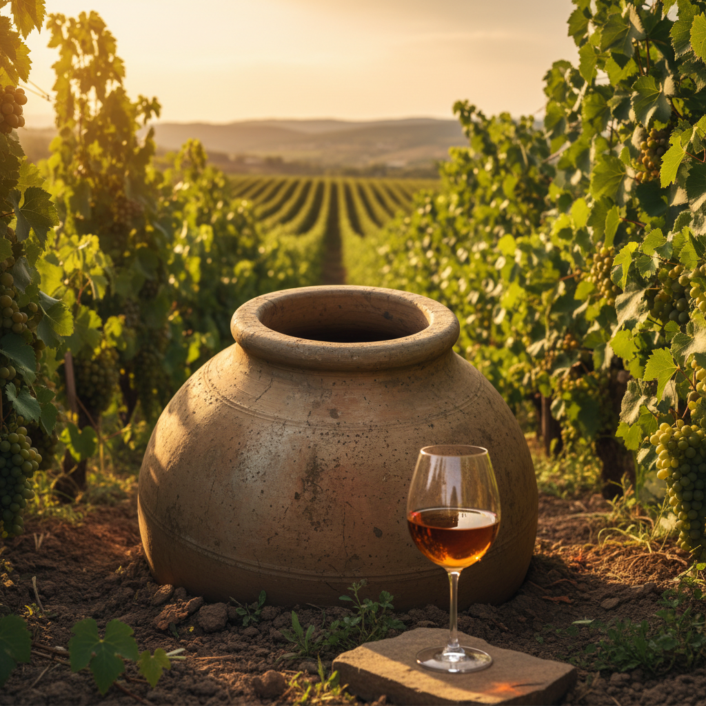 Uma taça de vinho âmbar georgiano com um qvevri tradicional e vinhedos ao fundo, sob a luz dourada do sol.