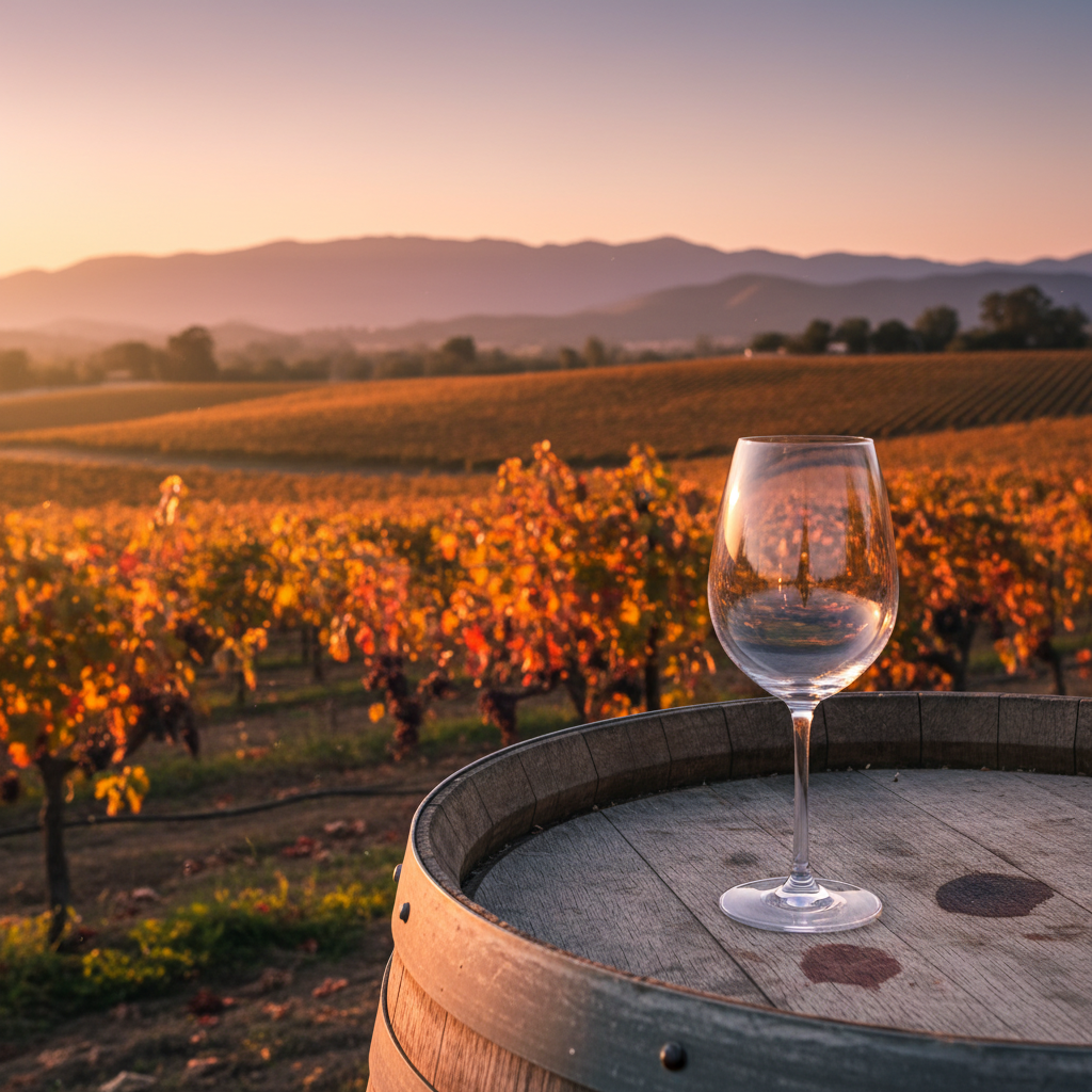 Vinhedo californiano ao pôr do sol com taça de vinho sobre barril de carvalho.