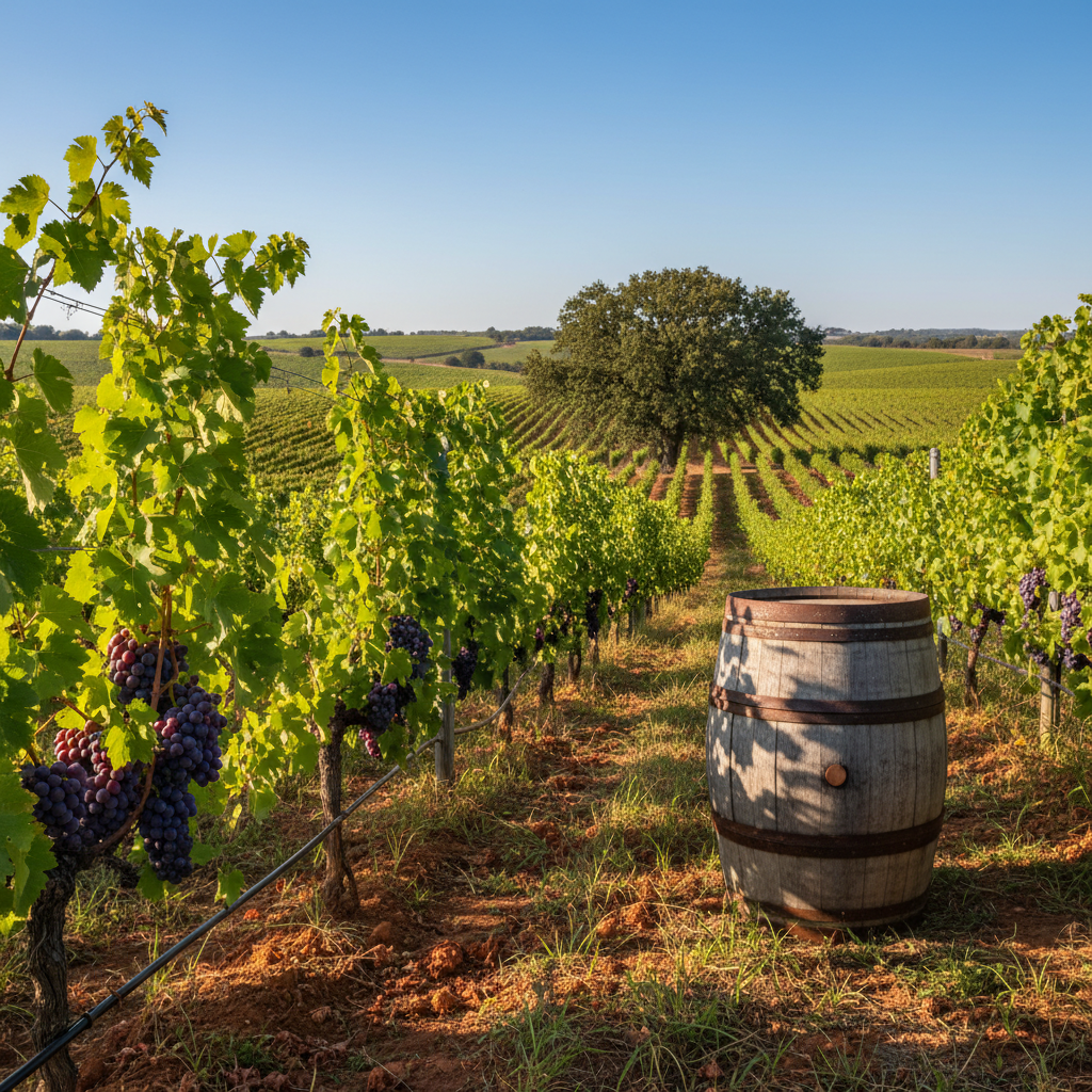Vista panorâmica de um vinhedo angolano com videiras saudáveis e um barril de vinho de madeira, sob um céu azul, simbolizando o potencial da viticultura em Angola.