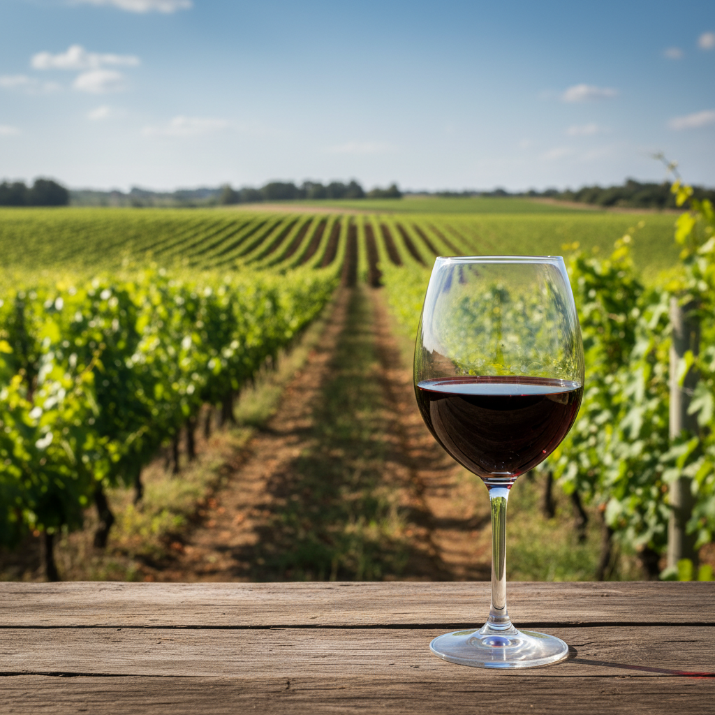 Vinhedo angolano com um copo de vinho tinto em primeiro plano, refletindo as vinhas sob o sol.