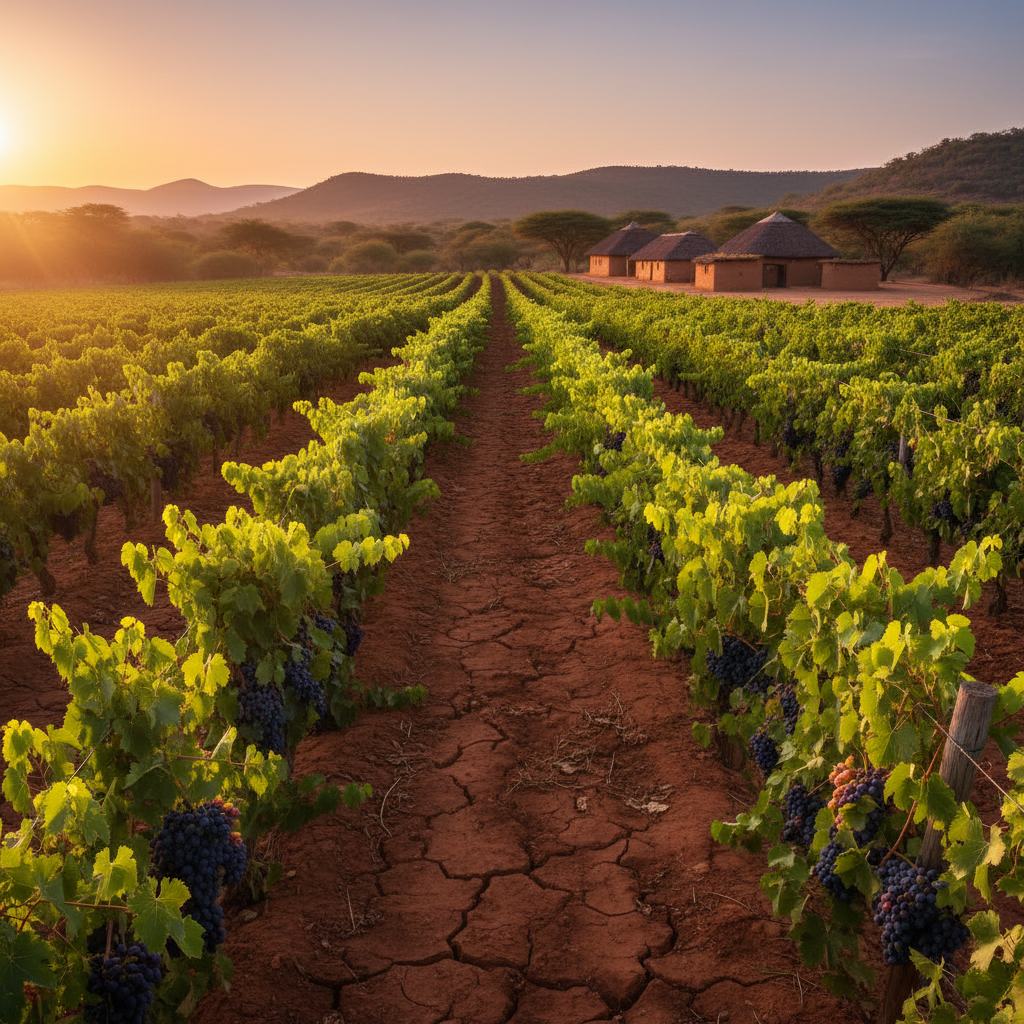 Vinhedo exuberante em Angola sob o sol da tarde, mostrando as fileiras de videiras que se estendem pela paisagem, simbolizando o florescimento da viticultura no país.