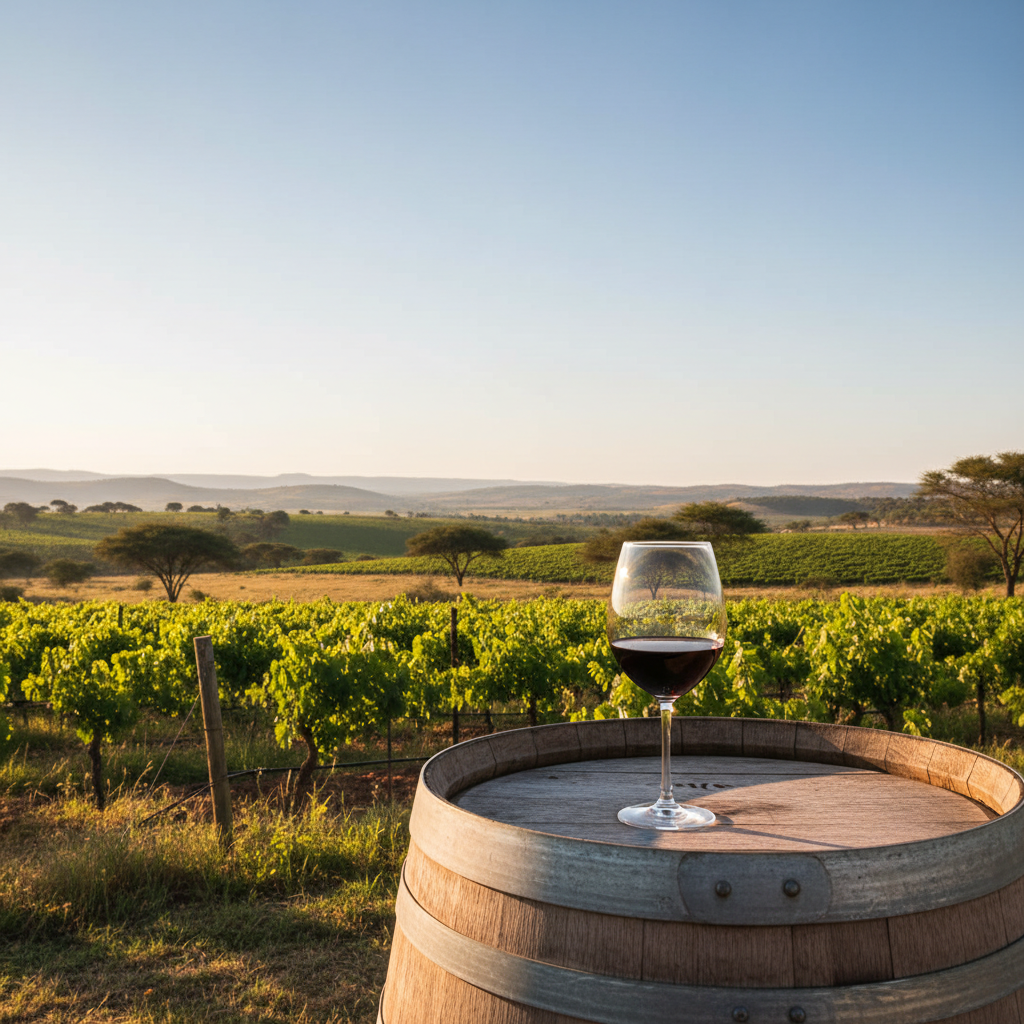 Vinhedo angolano ao pôr do sol com uma taça de vinho tinto sobre um barril de carvalho, simbolizando o futuro e a inovação da vitivinicultura em Angola.