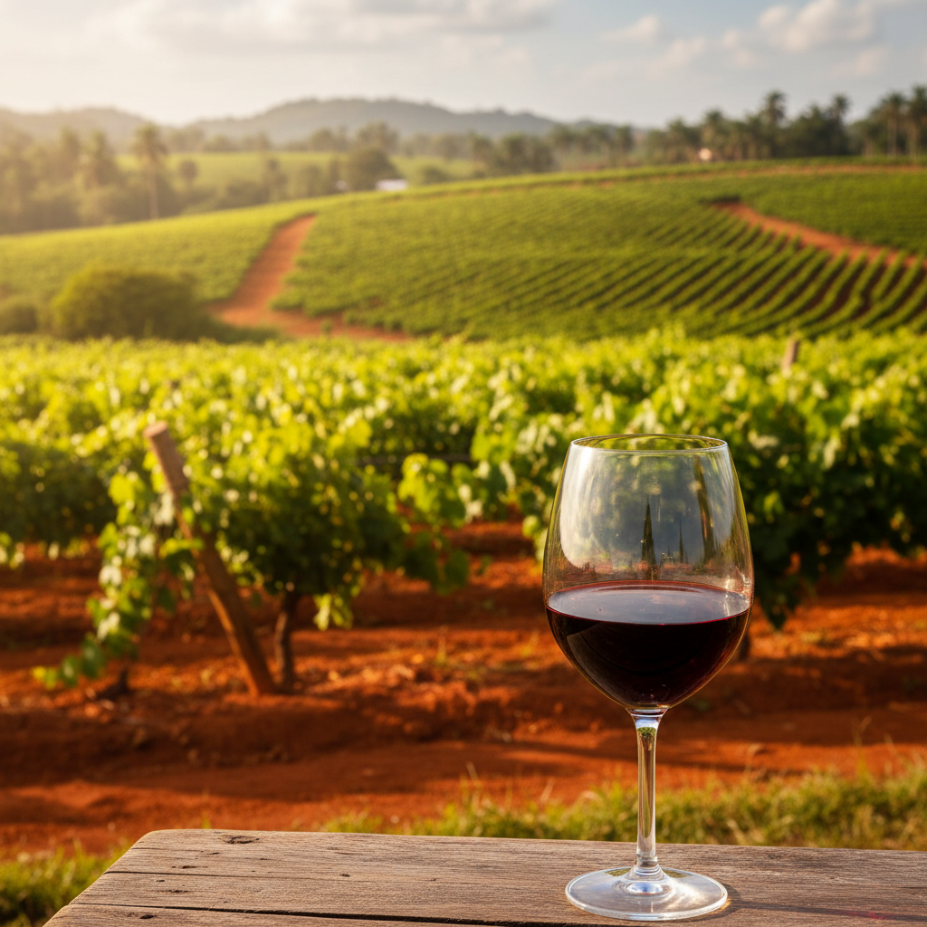 Vinhedo tropical exuberante em Angola com solo avermelhado sob sol intenso, e uma taça de vinho tinto em primeiro plano, representando o terroir único da região.