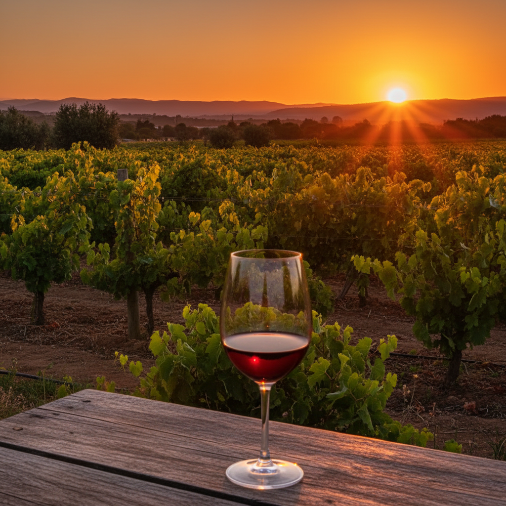 Vinhedo exuberante ao pôr do sol africano com uma taça de vinho tinto em primeiro plano, refletindo as vinhas.