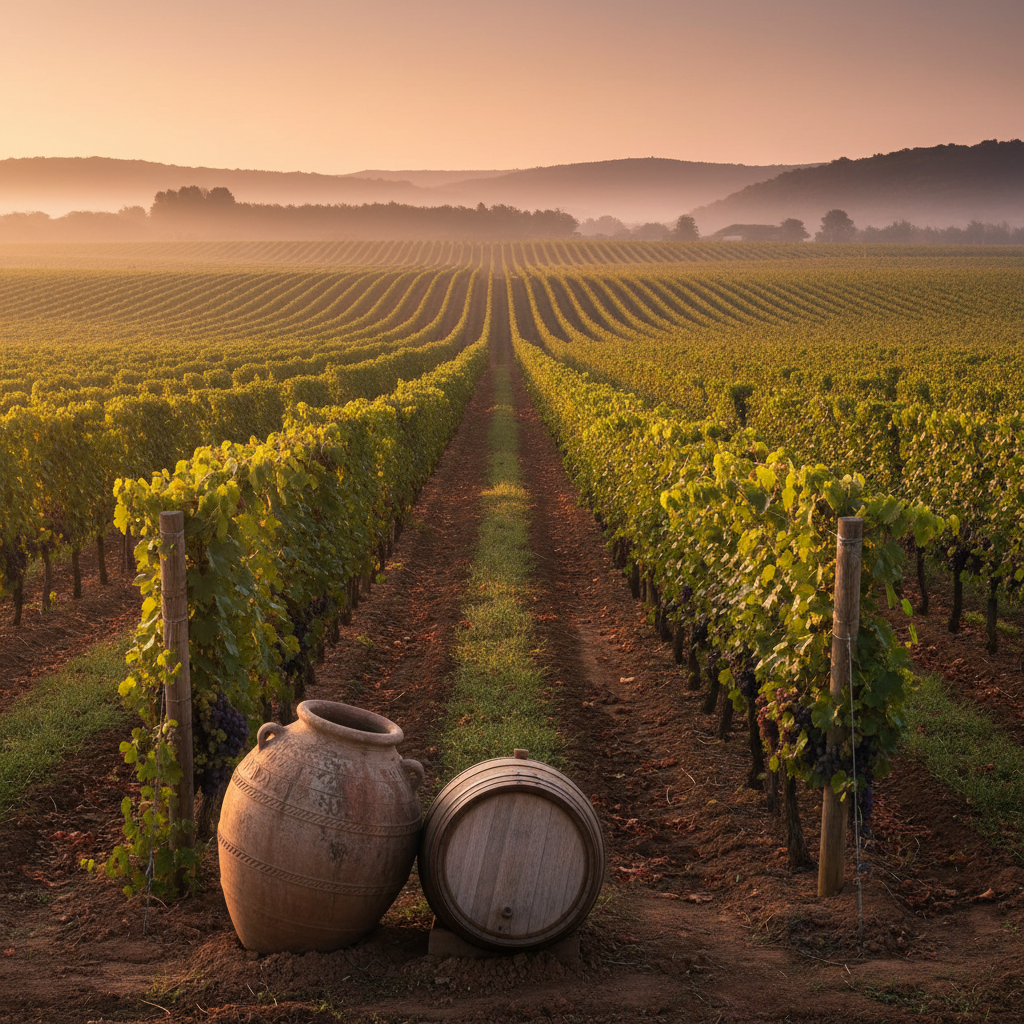 Vinhedo moderno em Angola ao nascer do sol, com barril de carvalho em primeiro plano, simbolizando a história e o renascimento da viticultura angolana.