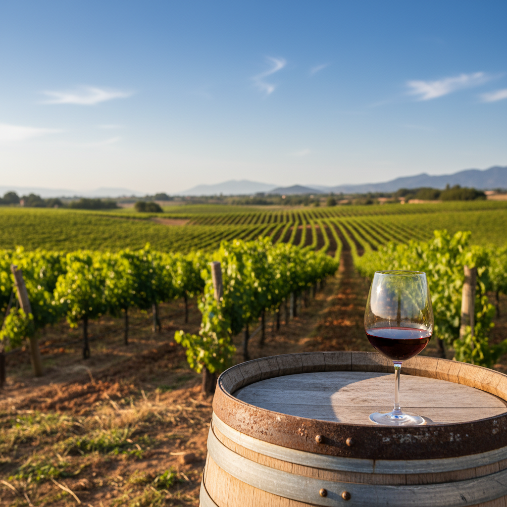 Vinhedo angolano ensolarado com barril de vinho de madeira e taça em primeiro plano, simbolizando o potencial de investimento.