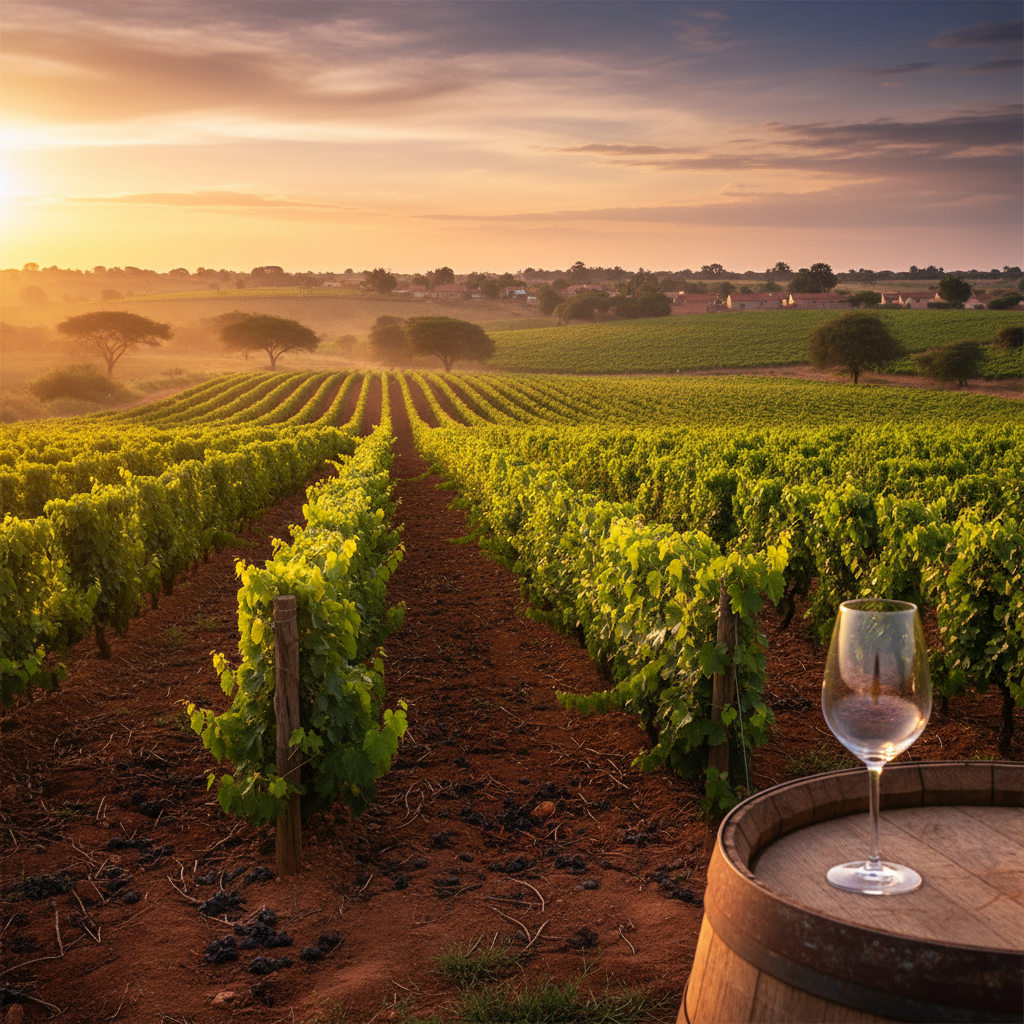 Vinhedo exuberante em Angola ao pôr do sol, com fileiras de videiras verdes e uma taça de vinho elegante em primeiro plano, destacando o terroir angolano e o potencial dos vinhos locais.