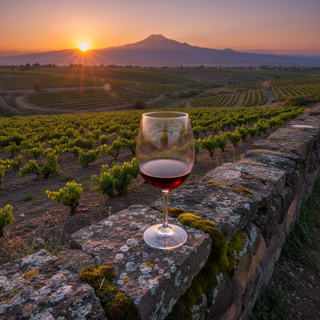 Vinhedos armênios antigos com montanhas vulcânicas ao fundo, um copo de vinho sobre um muro de pedra ao pôr do sol.
