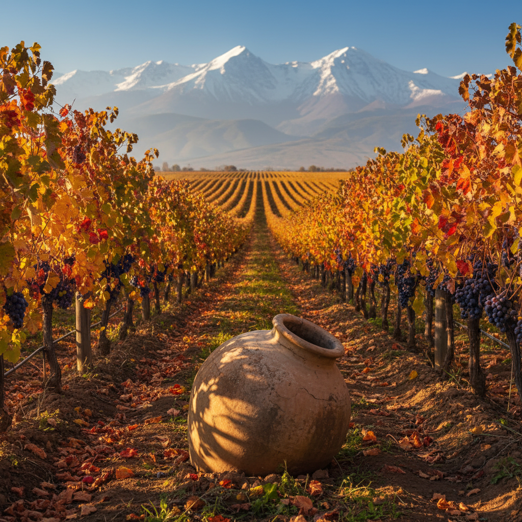 Vinhedo armênio no outono com montanhas ao fundo e um karas (ânfora de barro) parcialmente enterrado, simbolizando a tradição milenar da produção de vinho na Armênia.
