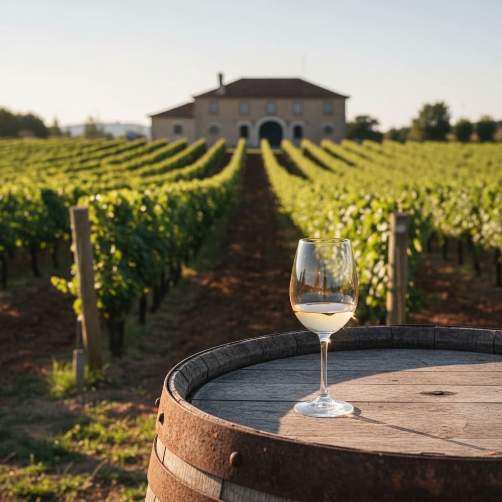 Vinhedo artesanal brasileiro durante o pôr do sol com um copo de vinho sobre um barril de madeira, evocando a tranquilidade e exclusividade das pequenas produções.