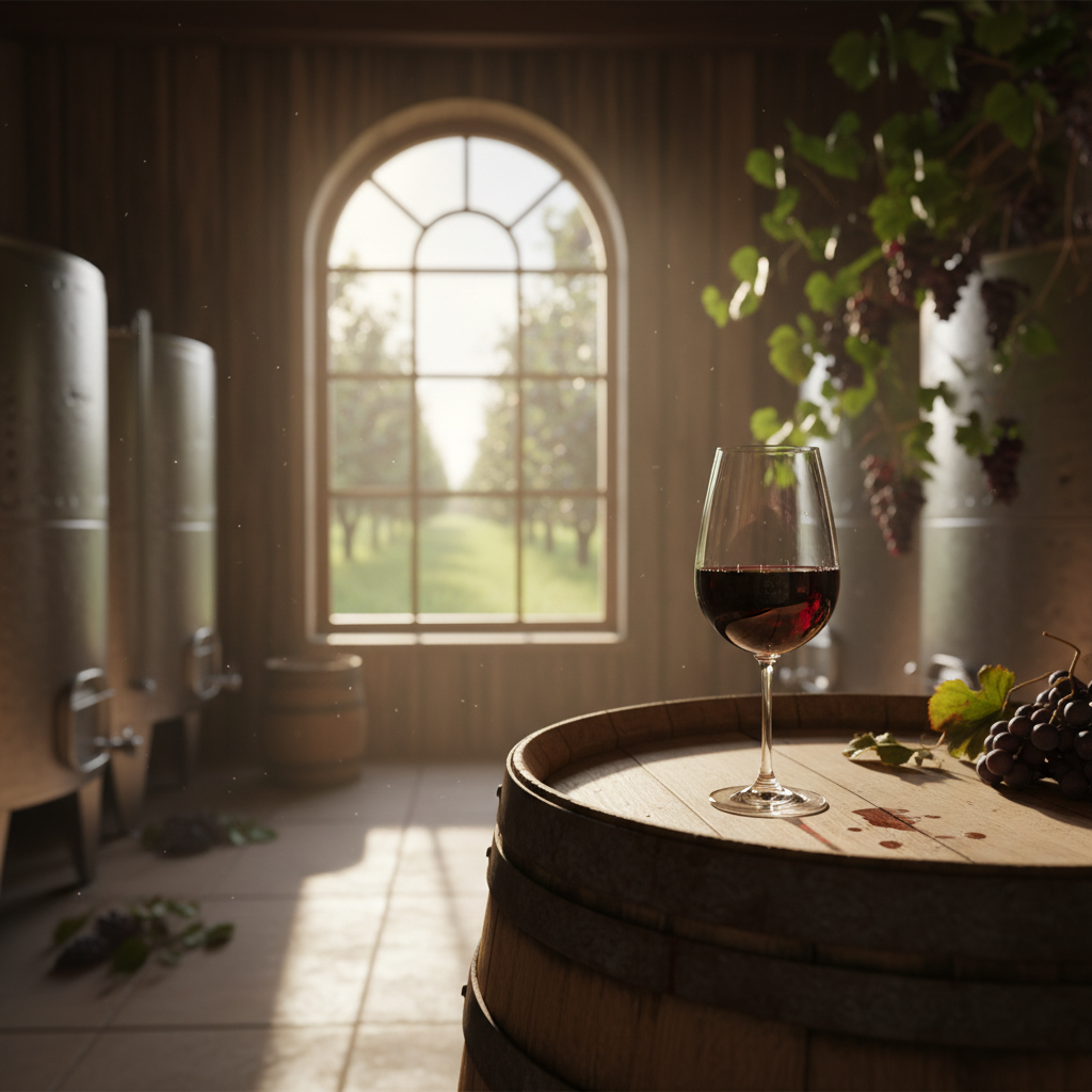 Cena rústica de uma adega artesanal lituana, com uma taça de vinho de fruta sobre um barril de madeira, e elementos de produção no fundo.