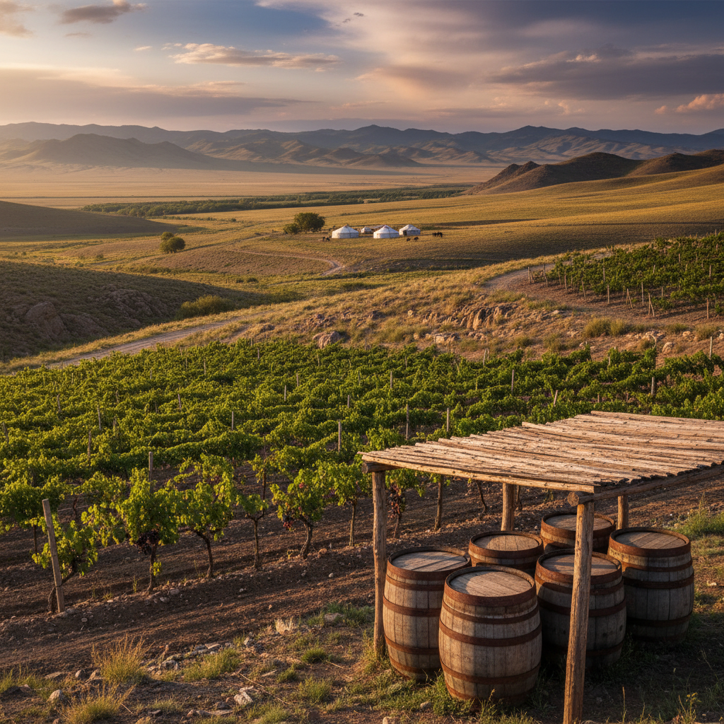 Vinhedo artesanal em paisagem mongol com barris de madeira para envelhecimento, simbolizando a produção de vinho local.